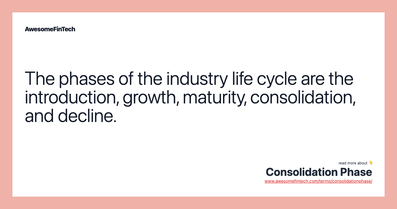 The phases of the industry life cycle are the introduction, growth, maturity, consolidation, and decline.