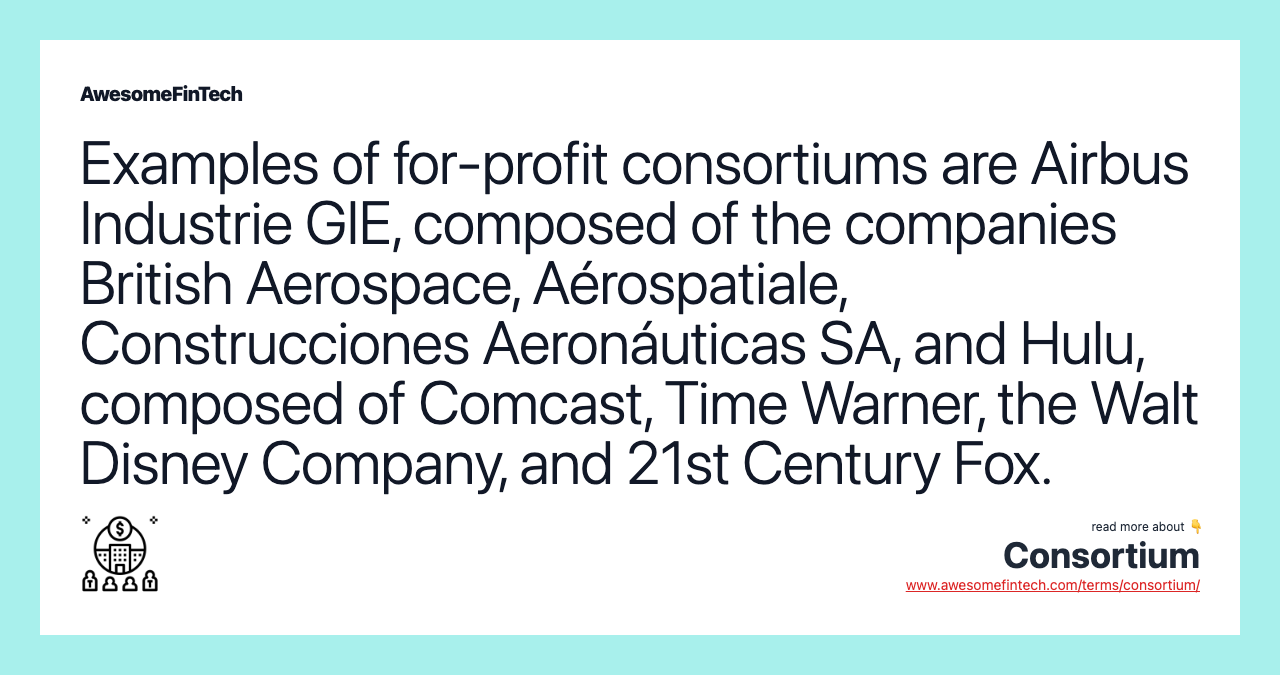 Examples of for-profit consortiums are Airbus Industrie GIE, composed of the companies British Aerospace, Aérospatiale, Construcciones Aeronáuticas SA, and Hulu, composed of Comcast, Time Warner, the Walt Disney Company, and 21st Century Fox.