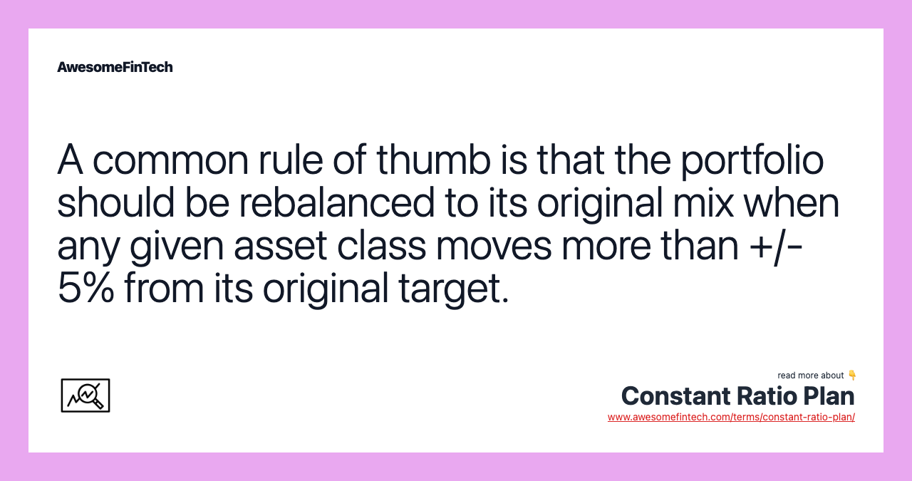 A common rule of thumb is that the portfolio should be rebalanced to its original mix when any given asset class moves more than +/- 5% from its original target.