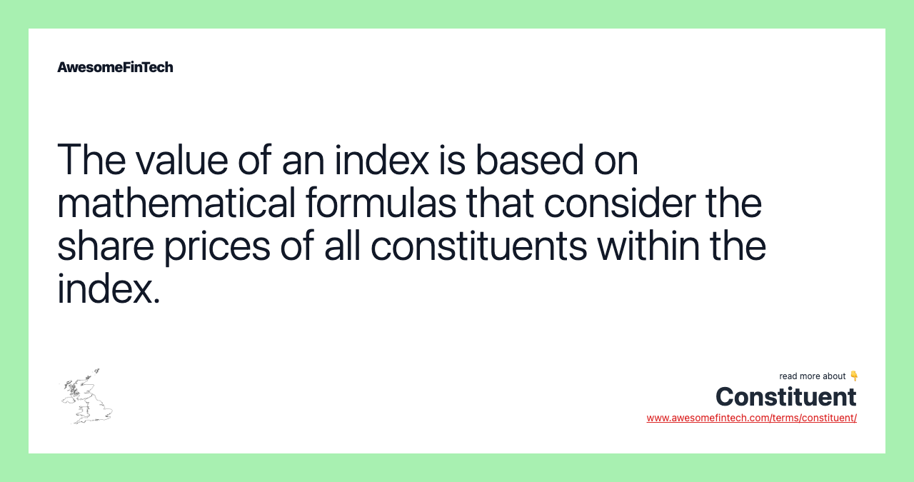 The value of an index is based on mathematical formulas that consider the share prices of all constituents within the index.