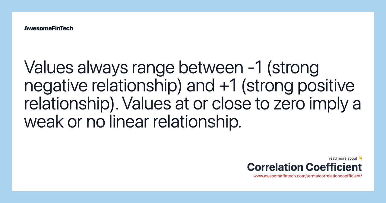 Values always range between -1 (strong negative relationship) and +1 (strong positive relationship). Values at or close to zero imply a weak or no linear relationship.