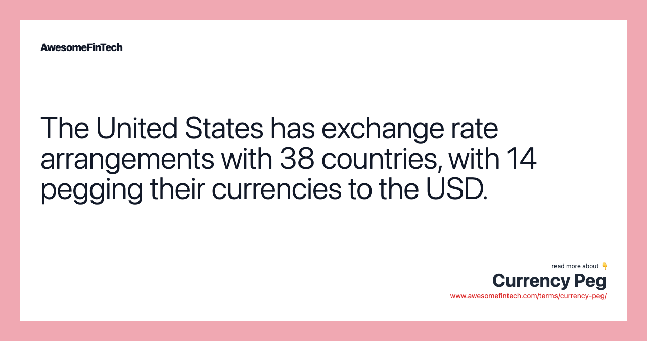 The United States has exchange rate arrangements with 38 countries, with 14 pegging their currencies to the USD.