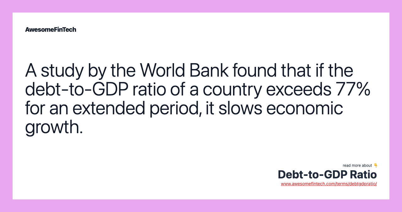 A study by the World Bank found that if the debt-to-GDP ratio of a country exceeds 77% for an extended period, it slows economic growth.