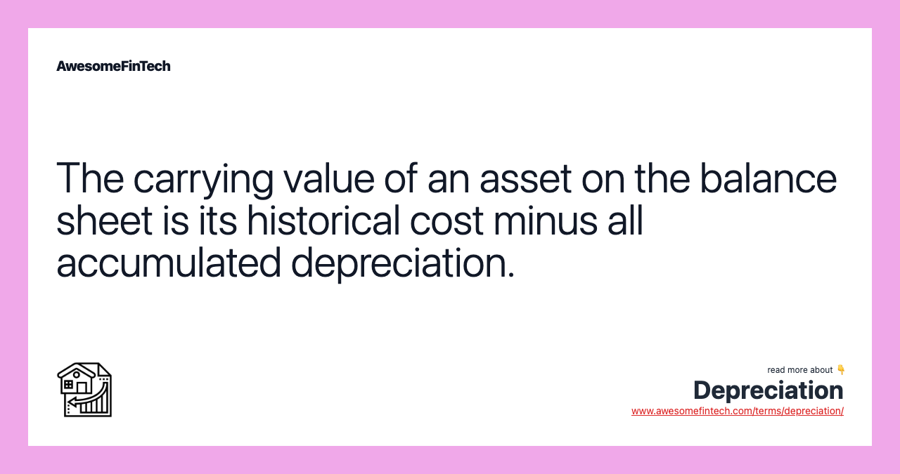 The carrying value of an asset on the balance sheet is its historical cost minus all accumulated depreciation.