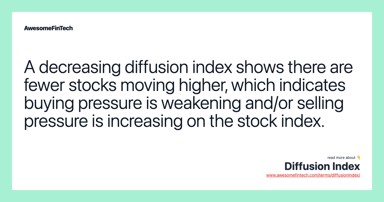A decreasing diffusion index shows there are fewer stocks moving higher, which indicates buying pressure is weakening and/or selling pressure is increasing on the stock index.