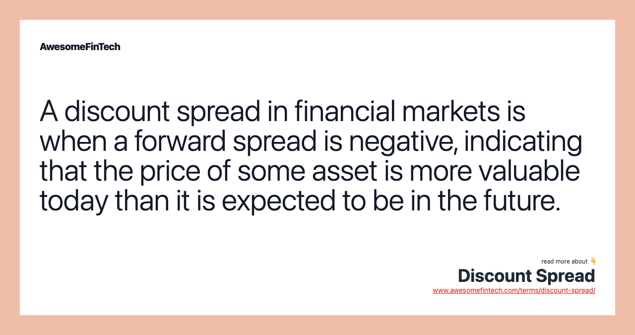A discount spread in financial markets is when a forward spread is negative, indicating that the price of some asset is more valuable today than it is expected to be in the future.