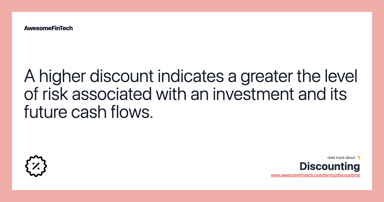 A higher discount indicates a greater the level of risk associated with an investment and its future cash flows.