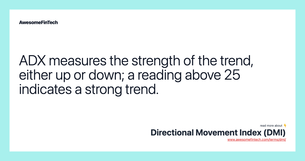 ADX measures the strength of the trend, either up or down; a reading above 25 indicates a strong trend.
