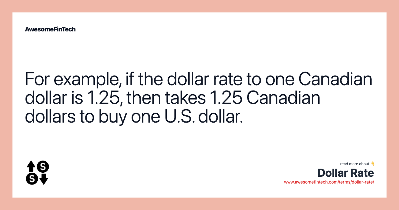 For example, if the dollar rate to one Canadian dollar is 1.25, then takes 1.25 Canadian dollars to buy one U.S. dollar.
