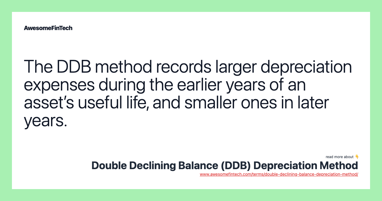 The DDB method records larger depreciation expenses during the earlier years of an asset’s useful life, and smaller ones in later years.