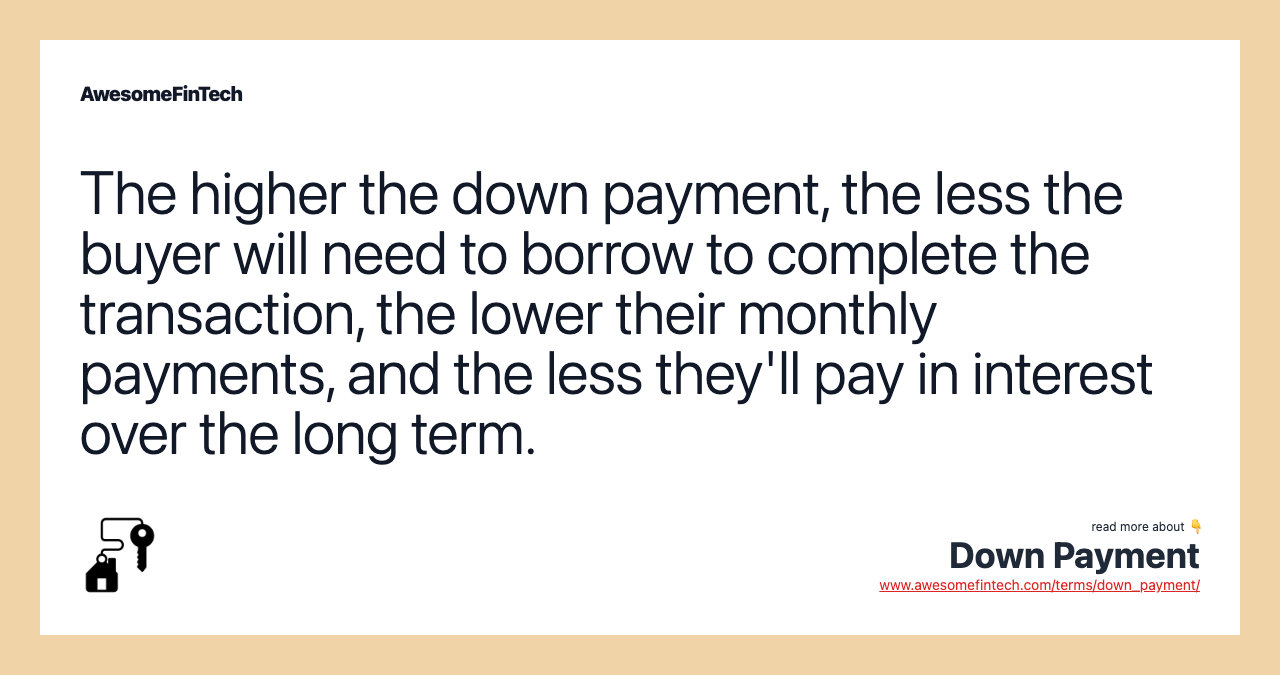 The higher the down payment, the less the buyer will need to borrow to complete the transaction, the lower their monthly payments, and the less they'll pay in interest over the long term.