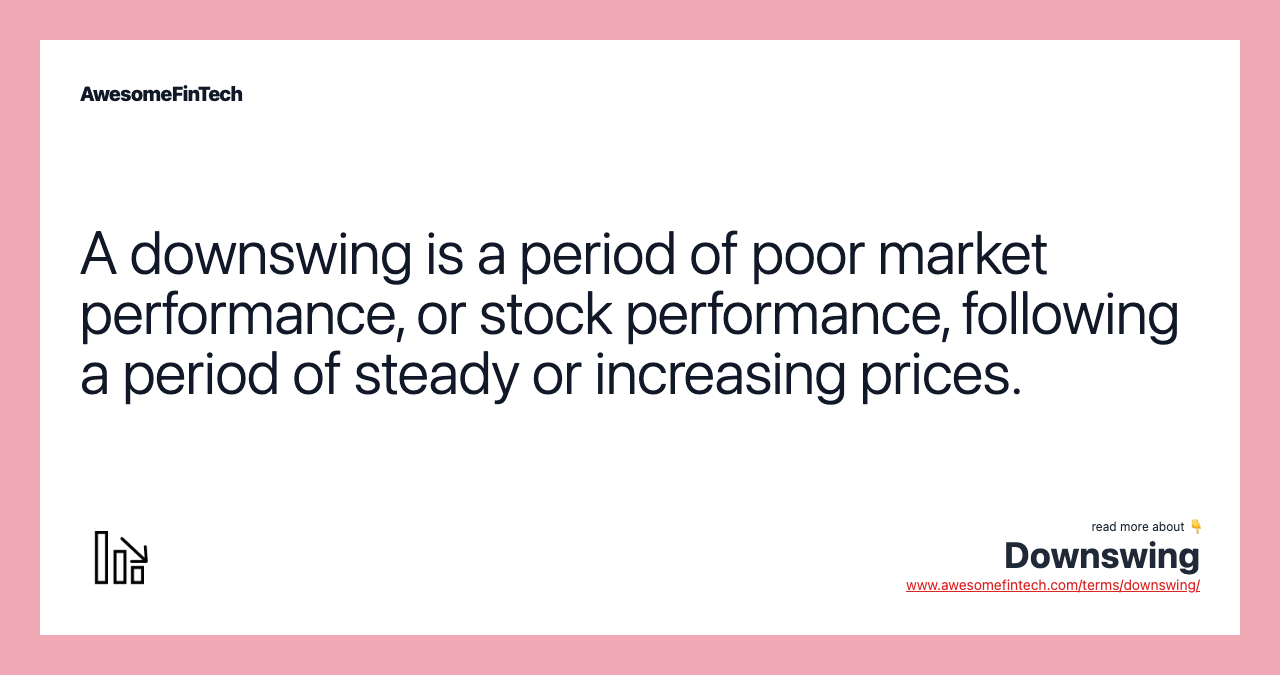 A downswing is a period of poor market performance, or stock performance, following a period of steady or increasing prices.