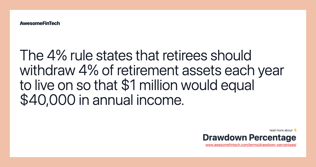 The 4% rule states that retirees should withdraw 4% of retirement assets each year to live on so that $1 million would equal $40,000 in annual income.