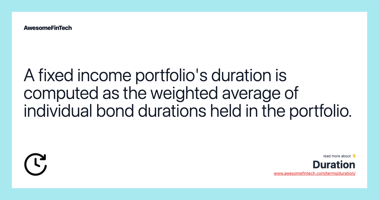 A fixed income portfolio's duration is computed as the weighted average of individual bond durations held in the portfolio.