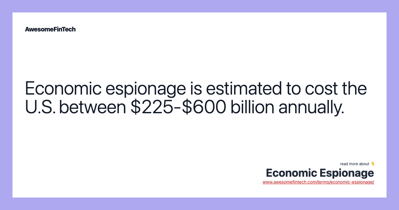 Economic espionage is estimated to cost the U.S. between $225-$600 billion annually.