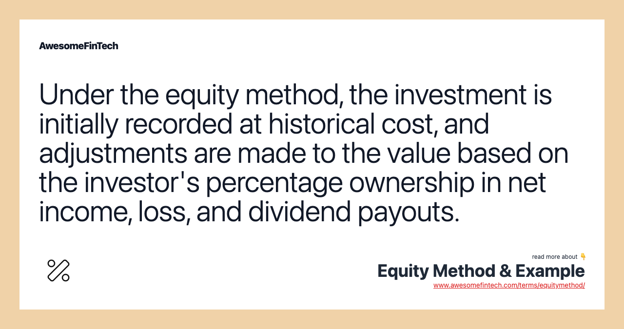 Under the equity method, the investment is initially recorded at historical cost, and adjustments are made to the value based on the investor's percentage ownership in net income, loss, and dividend payouts.