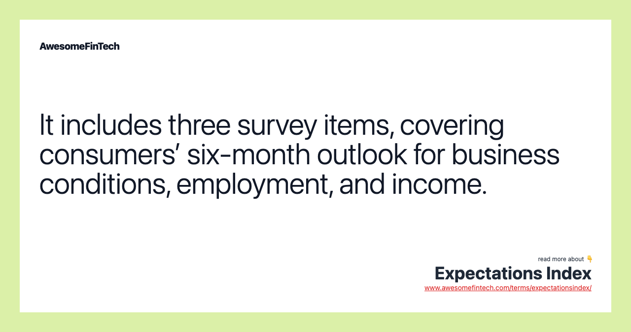 It includes three survey items, covering consumers’ six-month outlook for business conditions, employment, and income.