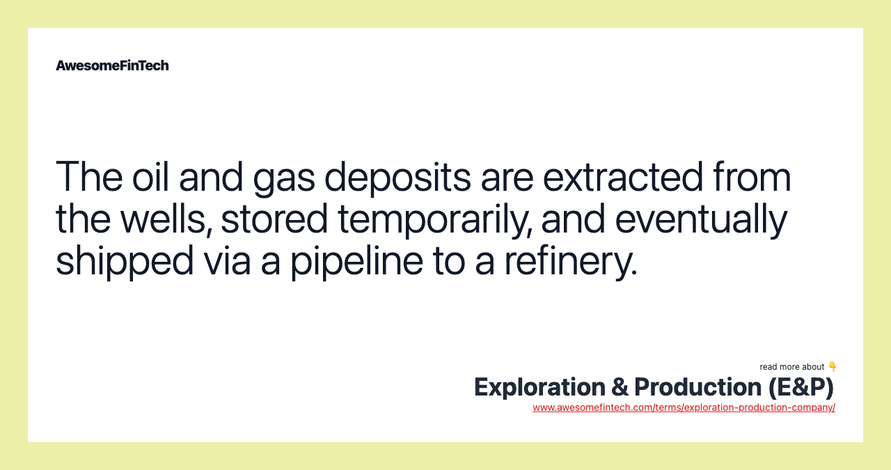 The oil and gas deposits are extracted from the wells, stored temporarily, and eventually shipped via a pipeline to a refinery.