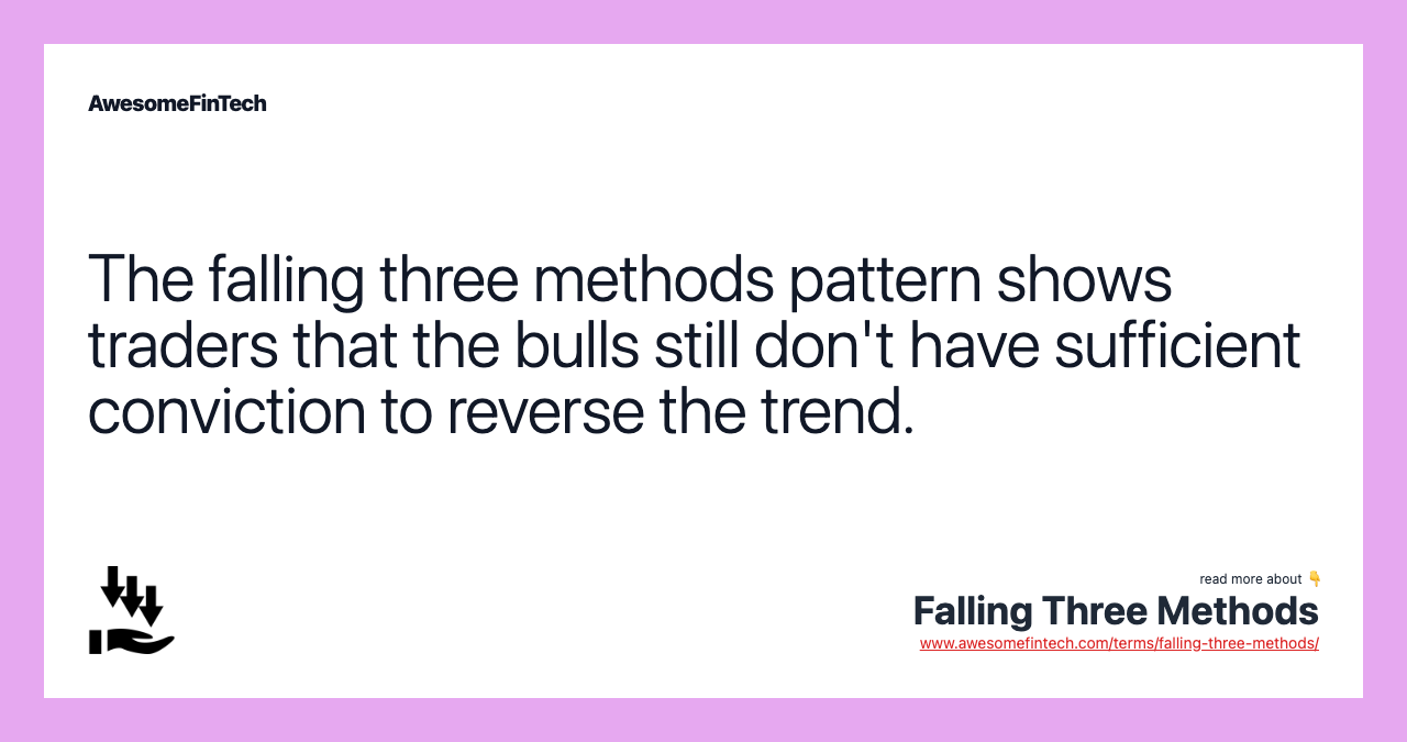 The falling three methods pattern shows traders that the bulls still don't have sufficient conviction to reverse the trend.
