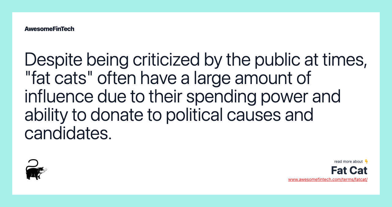 Despite being criticized by the public at times, "fat cats" often have a large amount of influence due to their spending power and ability to donate to political causes and candidates.