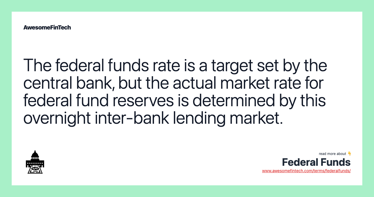 The federal funds rate is a target set by the central bank, but the actual market rate for federal fund reserves is determined by this overnight inter-bank lending market.