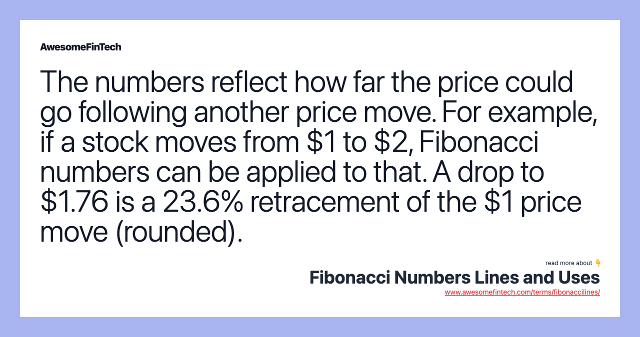 The numbers reflect how far the price could go following another price move. For example, if a stock moves from $1 to $2, Fibonacci numbers can be applied to that. A drop to $1.76 is a 23.6% retracement of the $1 price move (rounded).