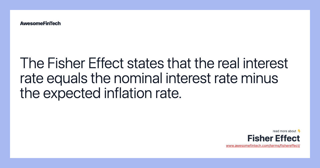 The Fisher Effect states that the real interest rate equals the nominal interest rate minus the expected inflation rate.