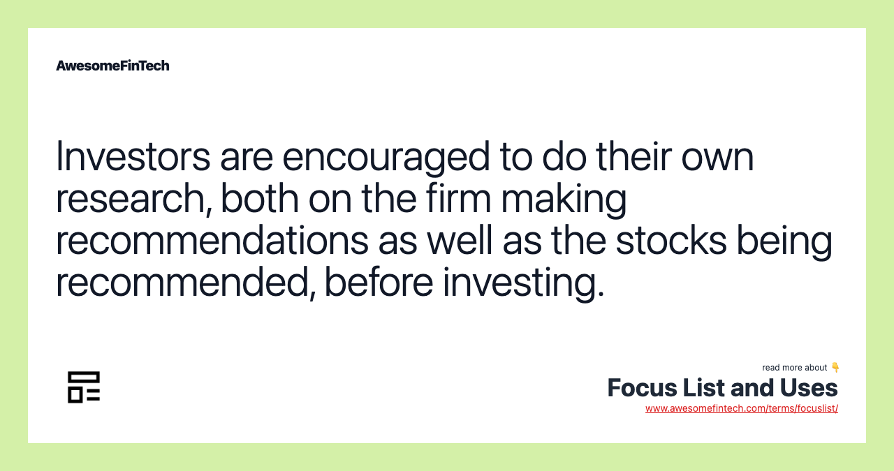 Investors are encouraged to do their own research, both on the firm making recommendations as well as the stocks being recommended, before investing.