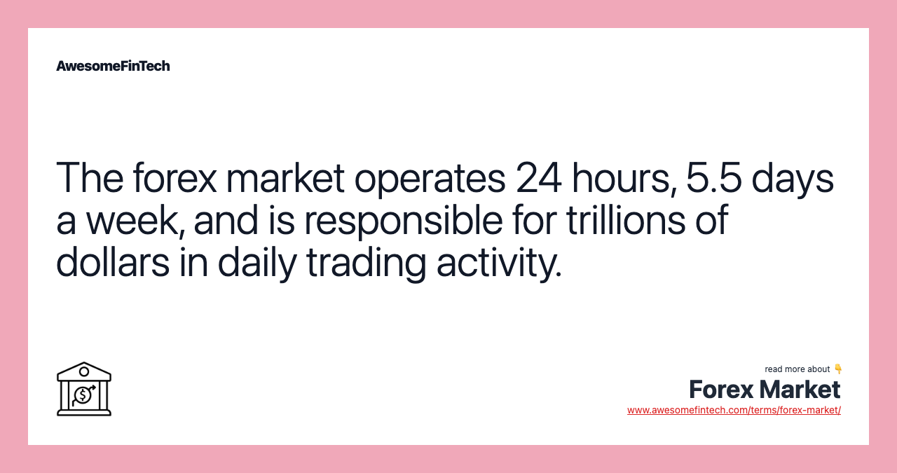 The forex market operates 24 hours, 5.5 days a week, and is responsible for trillions of dollars in daily trading activity.