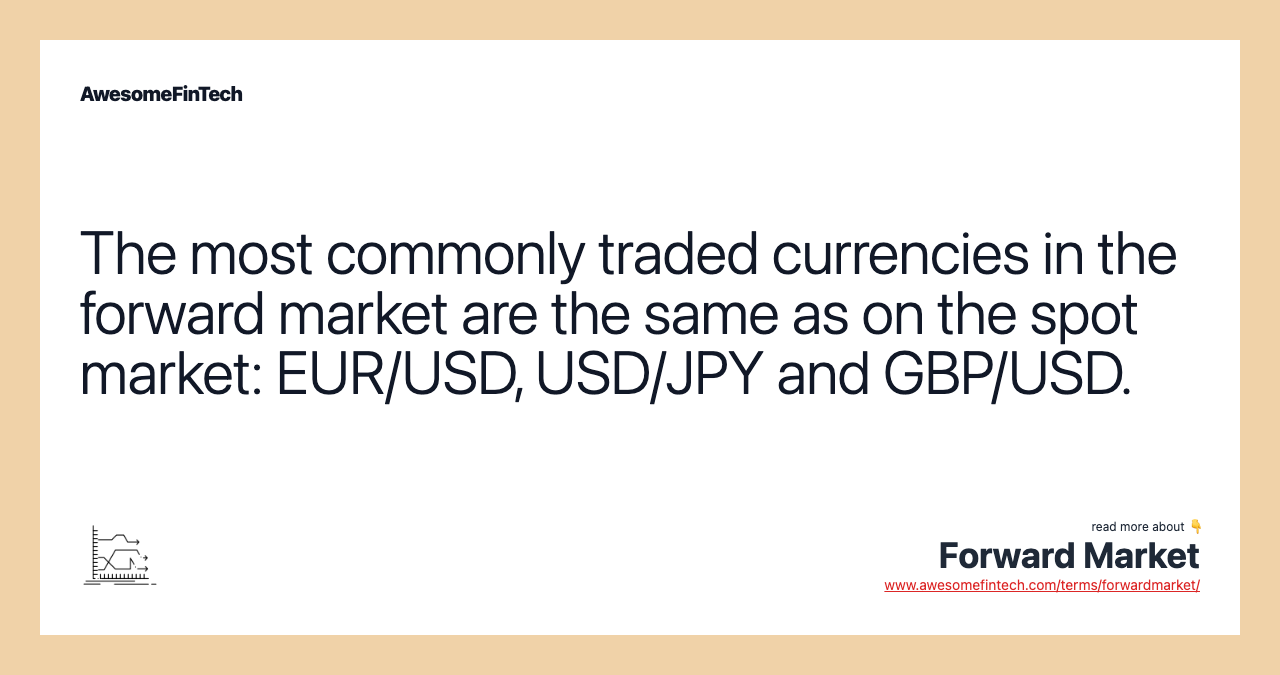 The most commonly traded currencies in the forward market are the same as on the spot market: EUR/USD, USD/JPY and GBP/USD.