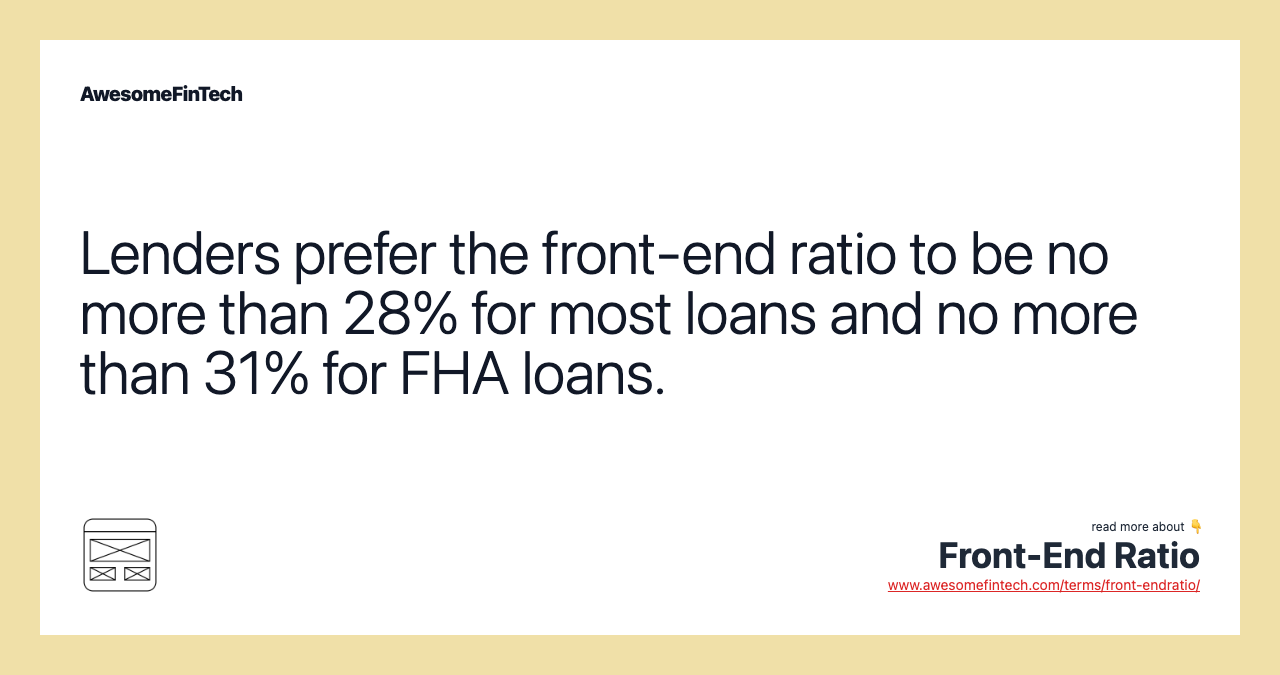 Lenders prefer the front-end ratio to be no more than 28% for most loans and no more than 31% for FHA loans.