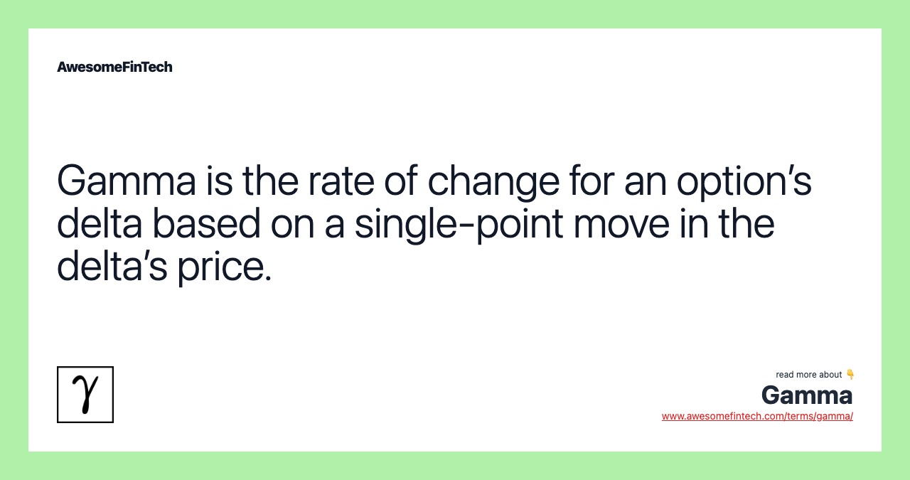 Gamma is the rate of change for an option’s delta based on a single-point move in the delta’s price.