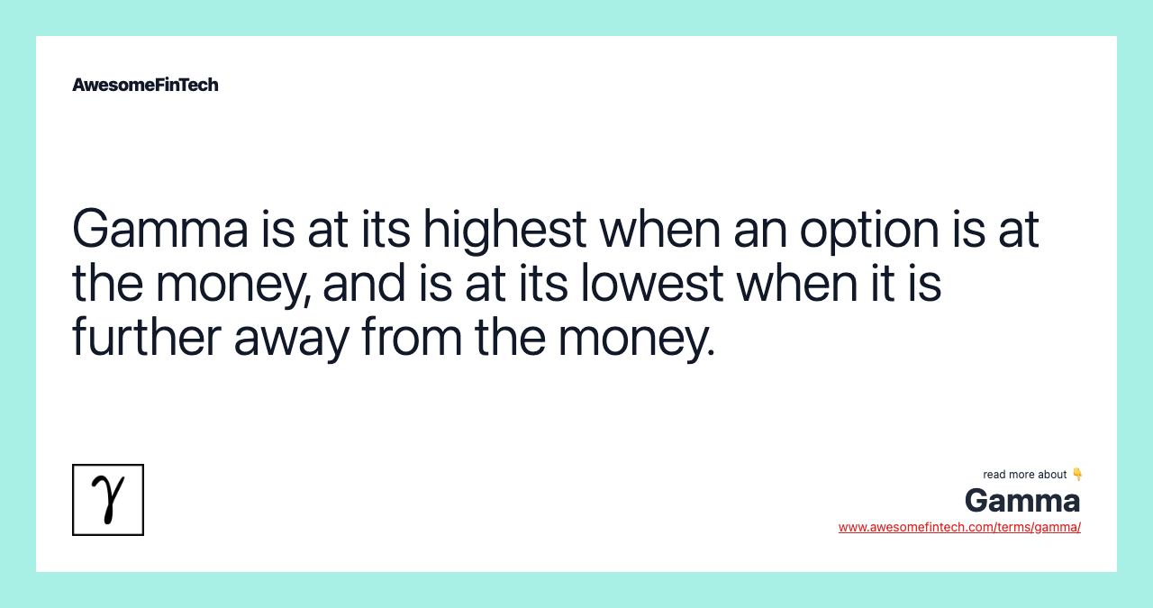 Gamma is at its highest when an option is at the money, and is at its lowest when it is further away from the money.