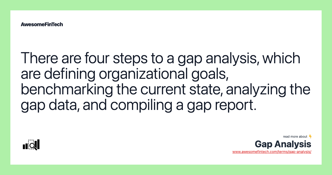 There are four steps to a gap analysis, which are defining organizational goals, benchmarking the current state, analyzing the gap data, and compiling a gap report.