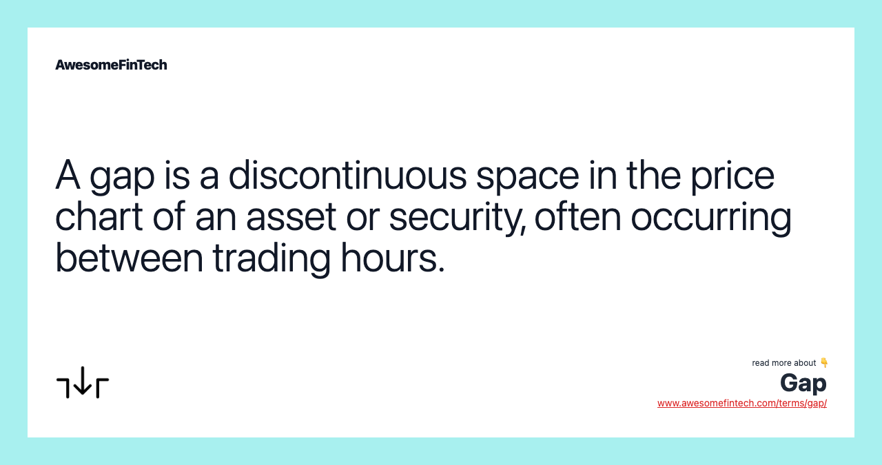 A gap is a discontinuous space in the price chart of an asset or security, often occurring between trading hours.