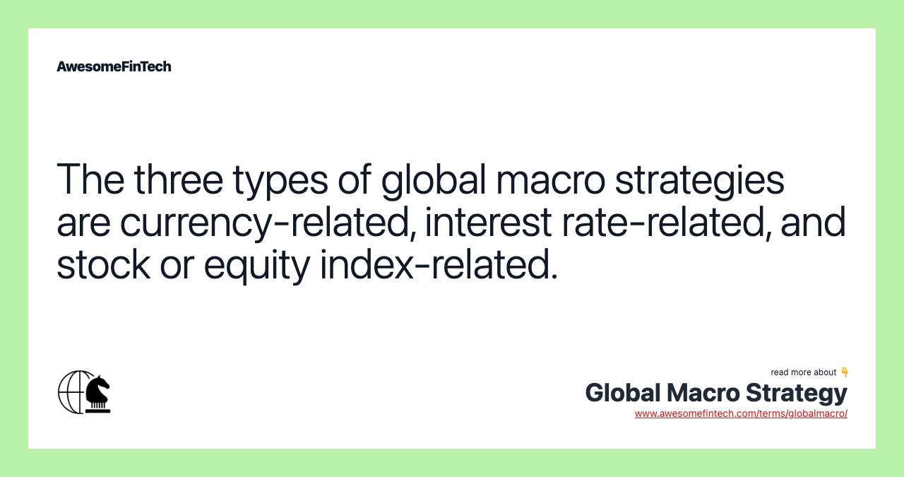 The three types of global macro strategies are currency-related, interest rate-related, and stock or equity index-related.