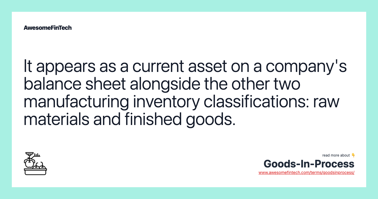 It appears as a current asset on a company's balance sheet alongside the other two manufacturing inventory classifications: raw materials and finished goods.