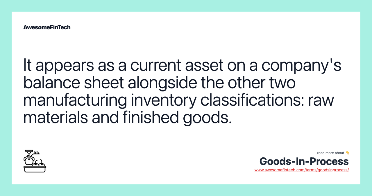 It appears as a current asset on a company's balance sheet alongside the other two manufacturing inventory classifications: raw materials and finished goods.