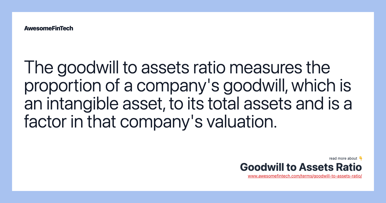 The goodwill to assets ratio measures the proportion of a company's goodwill, which is an intangible asset, to its total assets and is a factor in that company's valuation.