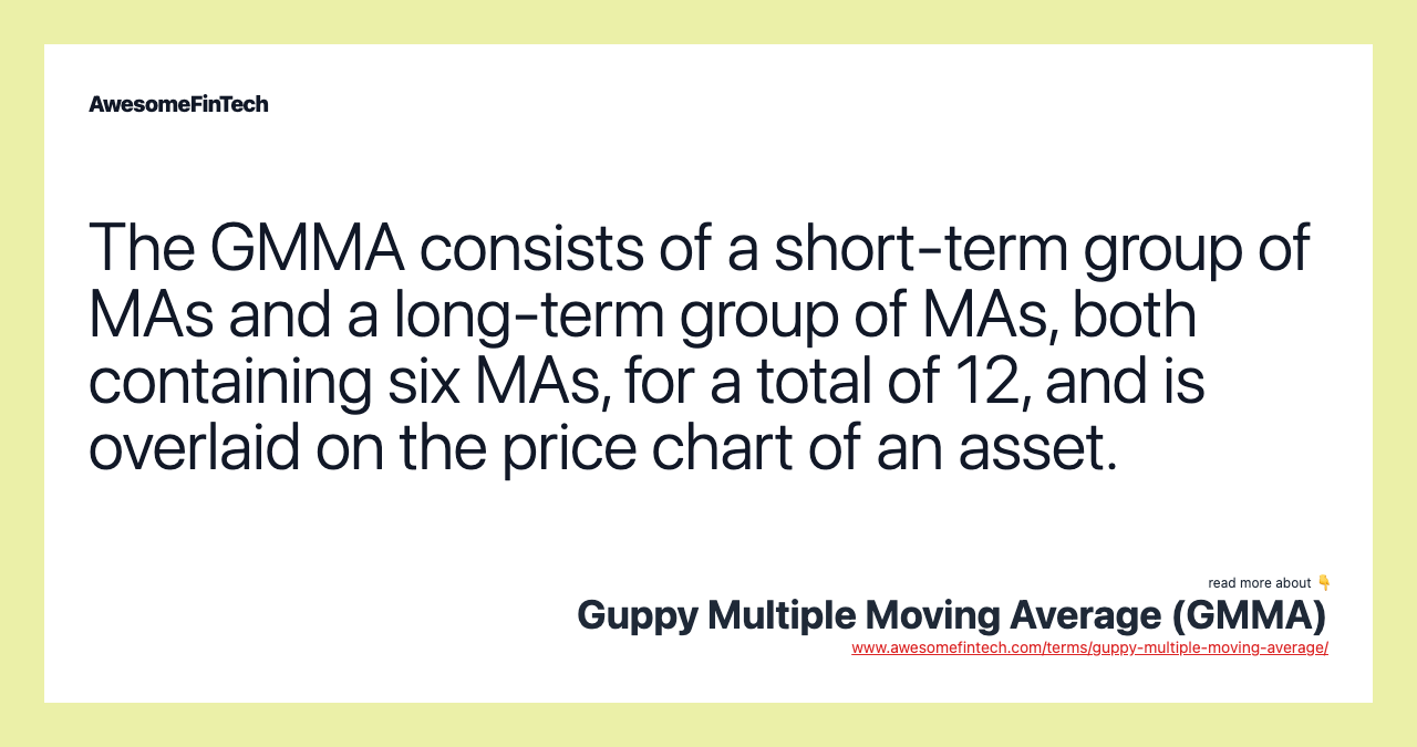The GMMA consists of a short-term group of MAs and a long-term group of MAs, both containing six MAs, for a total of 12, and is overlaid on the price chart of an asset.