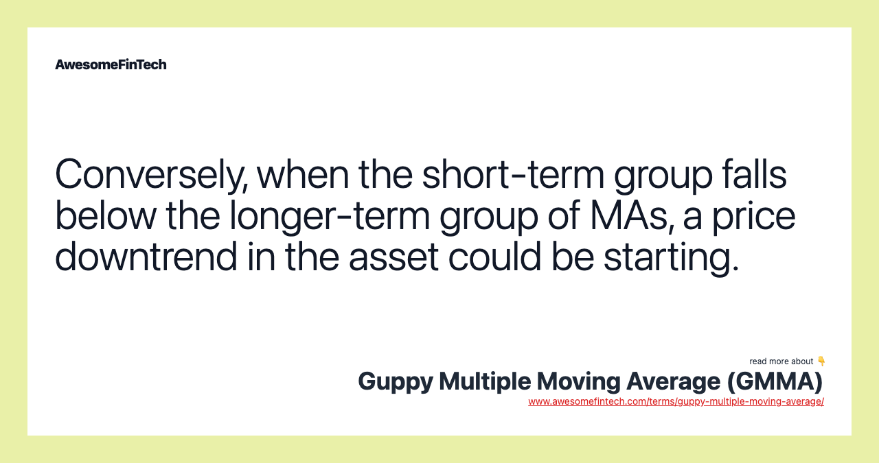Conversely, when the short-term group falls below the longer-term group of MAs, a price downtrend in the asset could be starting.