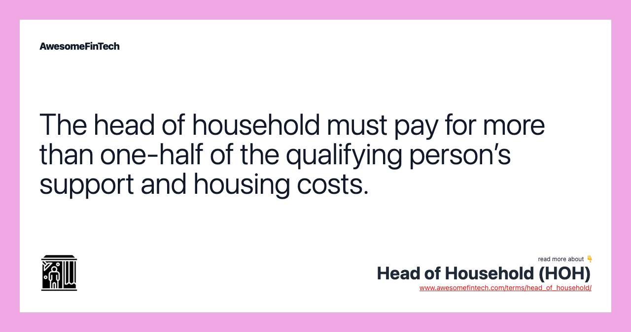 The head of household must pay for more than one-half of the qualifying person’s support and housing costs.