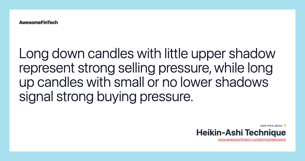 Long down candles with little upper shadow represent strong selling pressure, while long up candles with small or no lower shadows signal strong buying pressure.