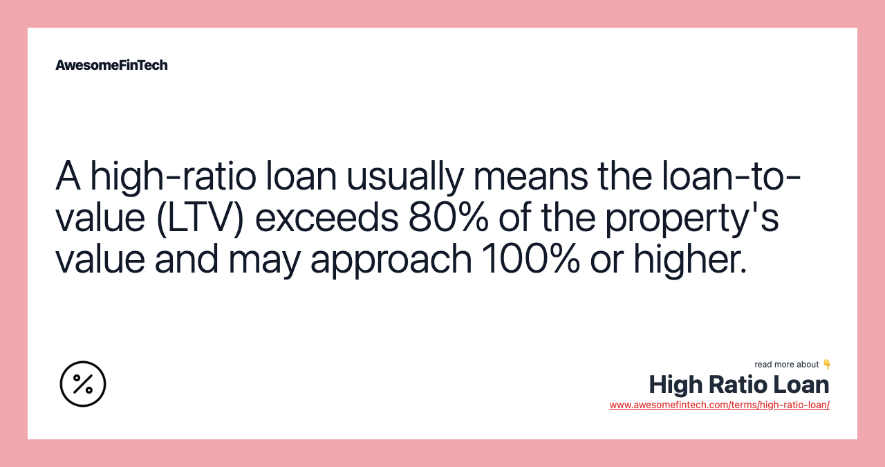 A high-ratio loan usually means the loan-to-value (LTV) exceeds 80% of the property's value and may approach 100% or higher.