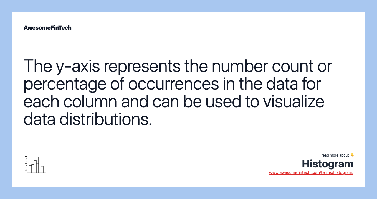 The y-axis represents the number count or percentage of occurrences in the data for each column and can be used to visualize data distributions.