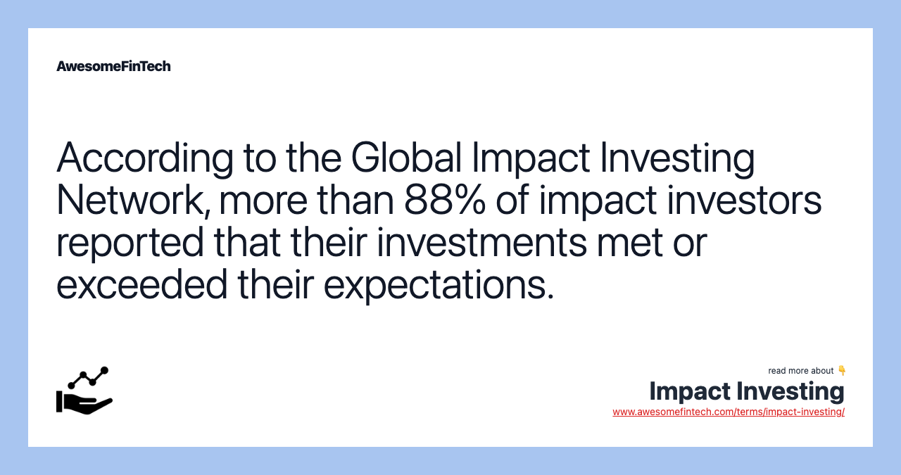 According to the Global Impact Investing Network, more than 88% of impact investors reported that their investments met or exceeded their expectations.