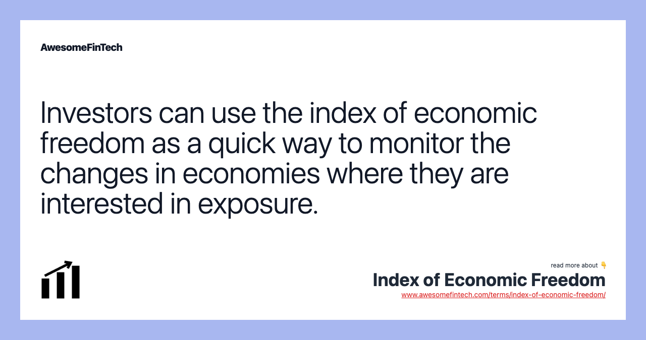 Investors can use the index of economic freedom as a quick way to monitor the changes in economies where they are interested in exposure.