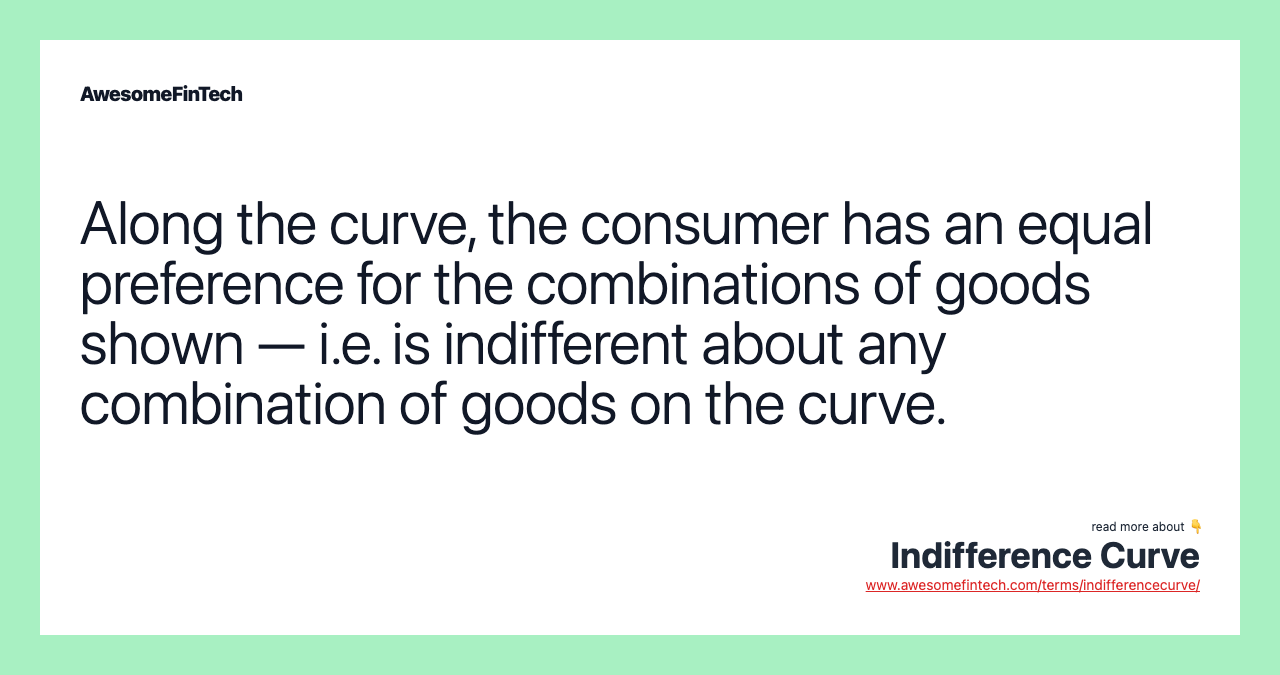 Along the curve, the consumer has an equal preference for the combinations of goods shown — i.e. is indifferent about any combination of goods on the curve.
