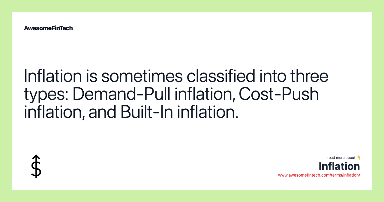 Inflation is sometimes classified into three types: Demand-Pull inflation, Cost-Push inflation, and Built-In inflation.