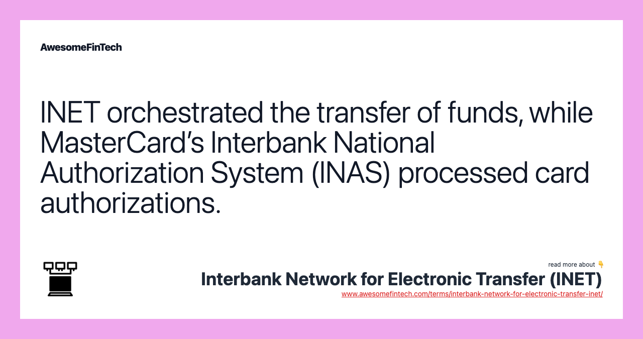 INET orchestrated the transfer of funds, while MasterCard’s Interbank National Authorization System (INAS) processed card authorizations.